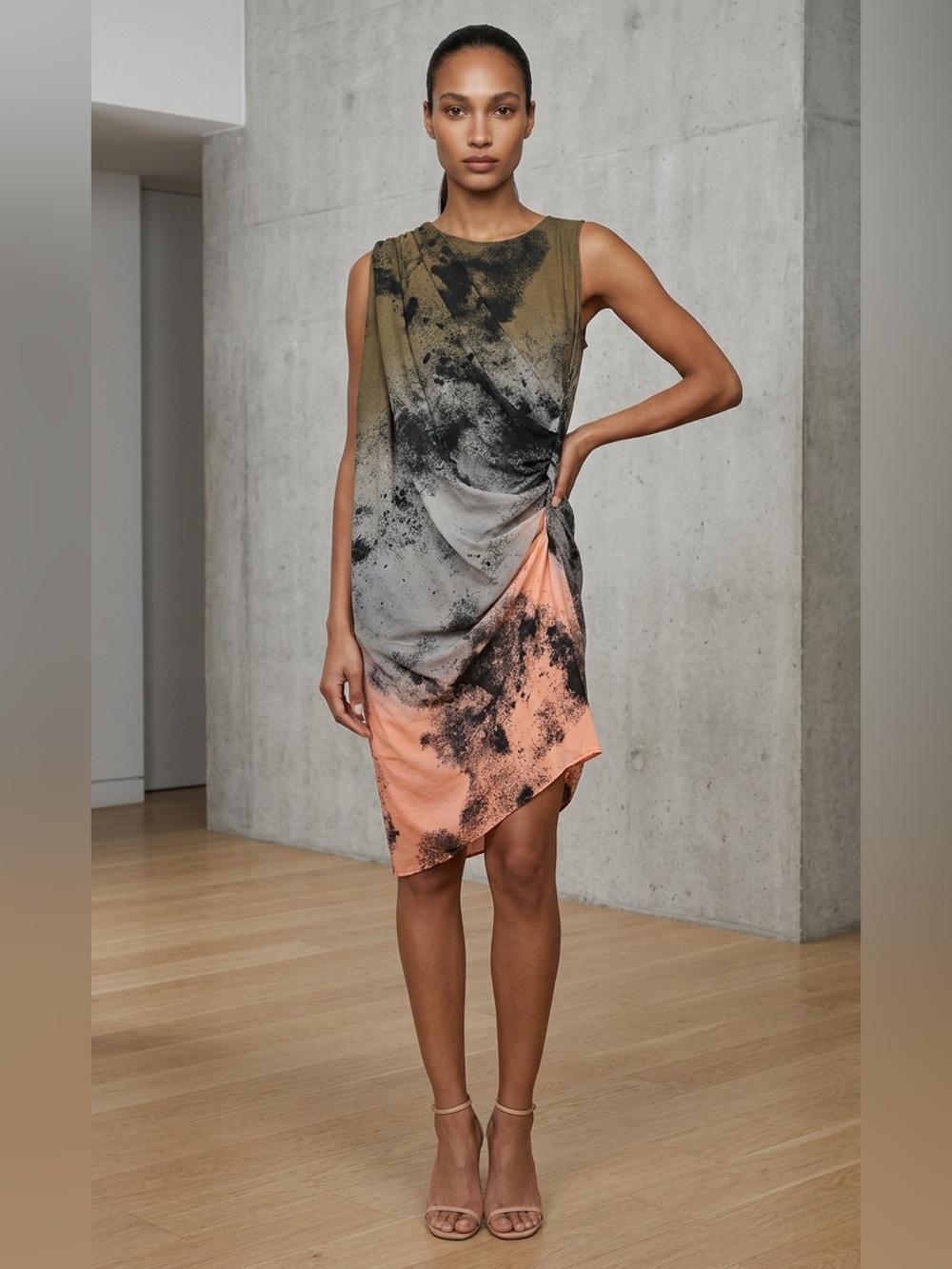 Religion Sleeveless Tie-Drape Ombre Coral and Olive Midi Dress XS